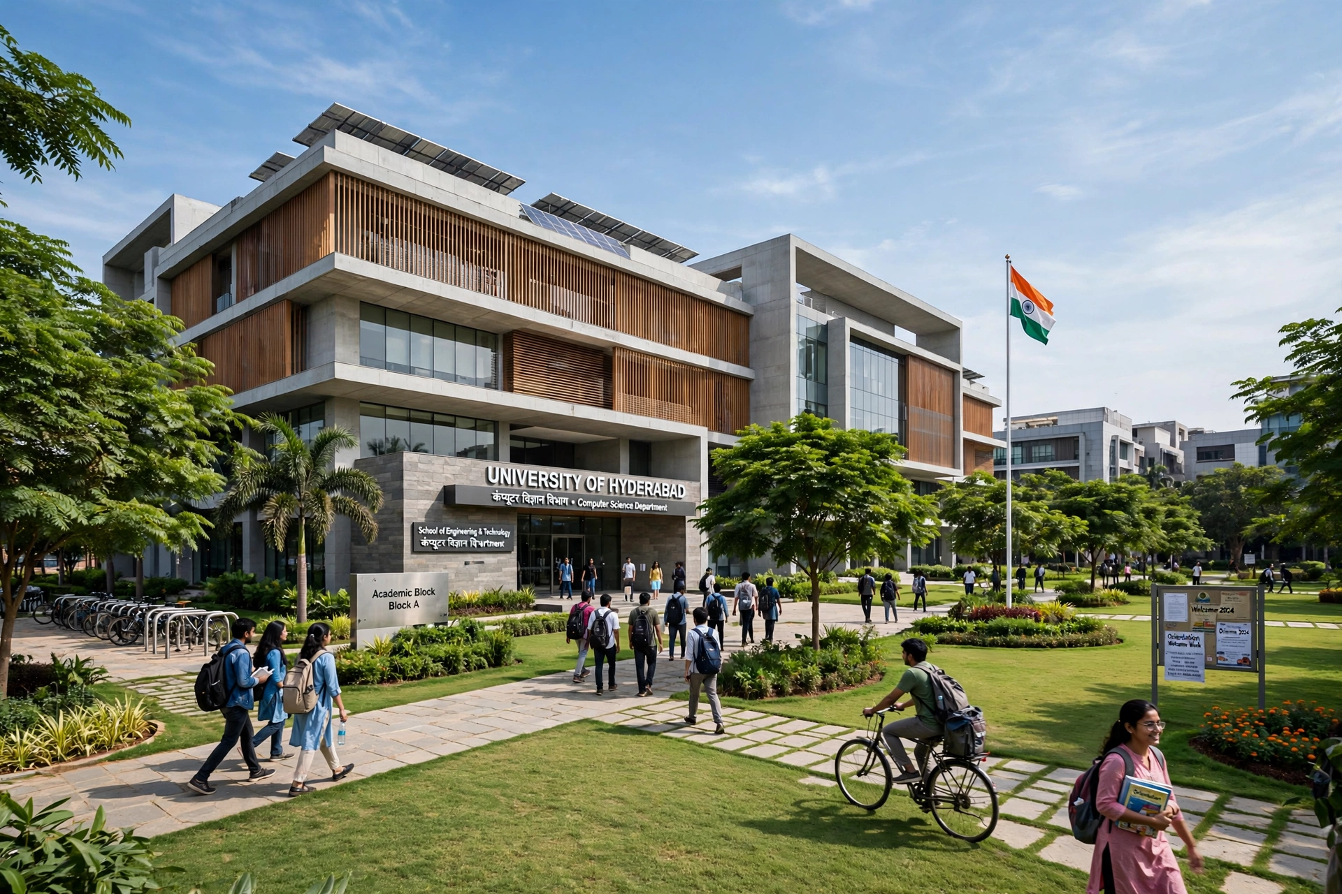 Modern Indian university campus building with green lawns